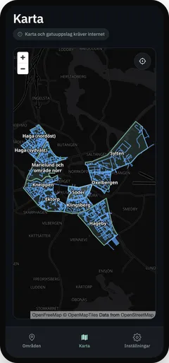 Parkbots karta över Norrköping med markerade parkeringszoner som Söder, Hageby och Klingsberg.