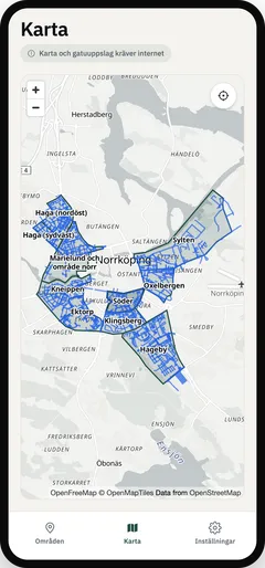 Parkbots karta över Norrköping med markerade parkeringszoner som Söder, Hageby och Klingsberg.