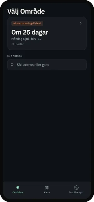 Områdesvyn i mörkt läge med nästa förbud och en sökruta för gata.