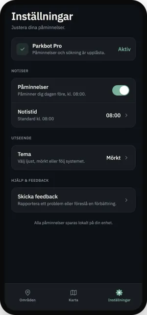 Inställningar i mörkt läge för vilken tid notisen ska skickas.