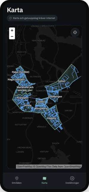 Zonkartan i mörkt läge med den sparade parkeringen utmarkerad.