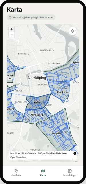 Karta över Norrköping med varje gata som har städdag markerad i Parkbot
