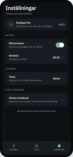 Inställningar i Parkbot där du slår på påminnelser, väljer notistid och tema.