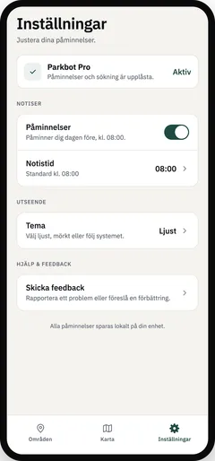 Inställningar i Parkbot där du slår på påminnelser, väljer notistid och tema.