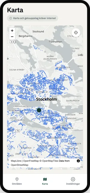 Karta över Stockholm med varje gata som har servicedag markerad i Parkbot