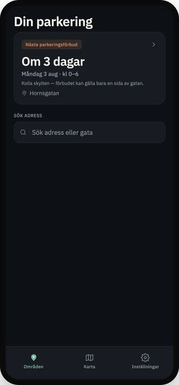 Parkbot-appen i mörkt läge med nästa städdag på Hornsgatan i Stockholm och en sökruta för adress eller gata.