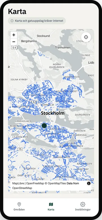Parkbots karta över Stockholm där varje gata med servicedag är markerad i blått, från Vasastan och Östermalm ner till Enskede.